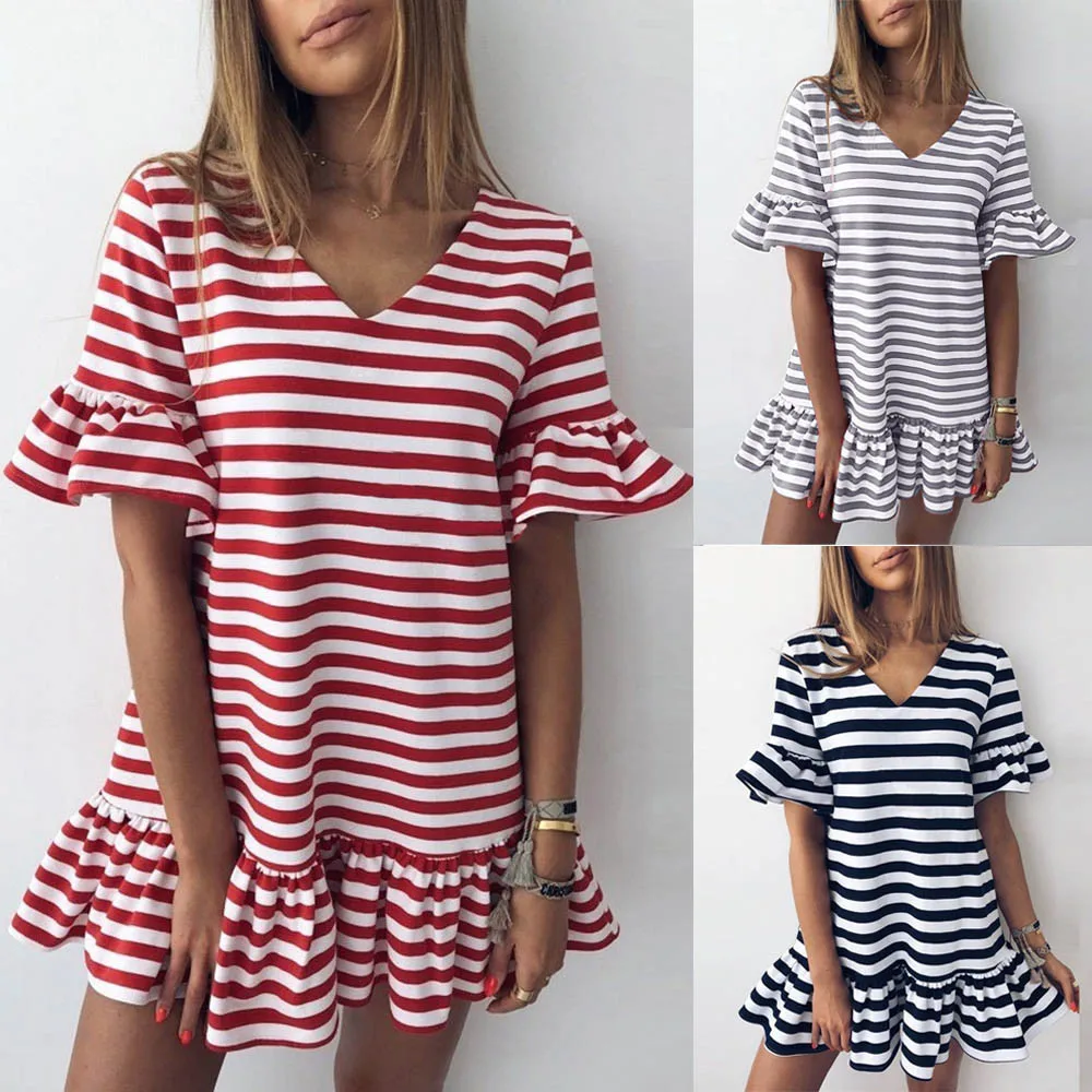 Красное платье в полоску с оборками женское сексуальное шифоновое повседневное