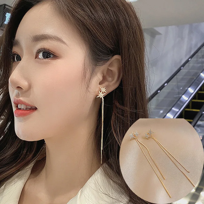 

2021 Fashion Women's Star Long Line Tassels Drop Earring Simple Gold Plated AAA Zircon Earring Baroque Noble Women Party Jewelry