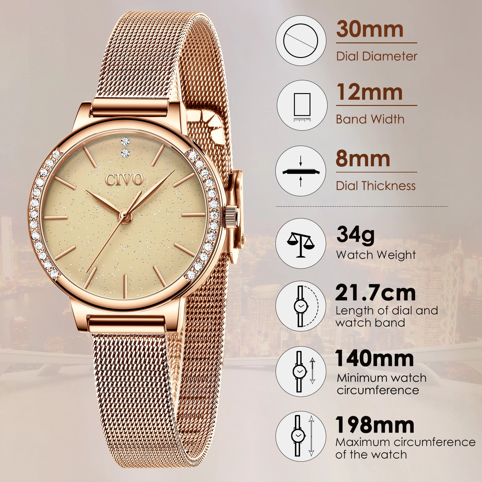 Wholesale Price CIVO Fashion Diamond Women Watches Waterproof Stainless Mesh Wrist Watch Woman Rose Gold Clock Reloj Mujer 8115 | Наручные