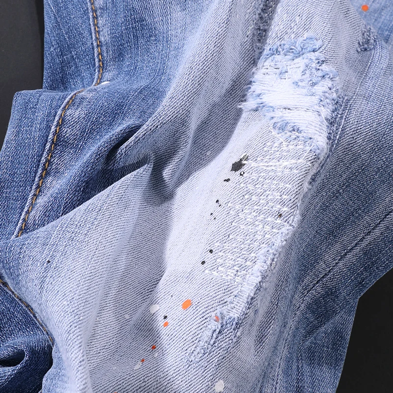 High Street Fashion Men Jeans Retro Light Blue Distressed Elastic Slim Fit Ripped Jeans Men Painted Designer Hip Hop Denim Pants