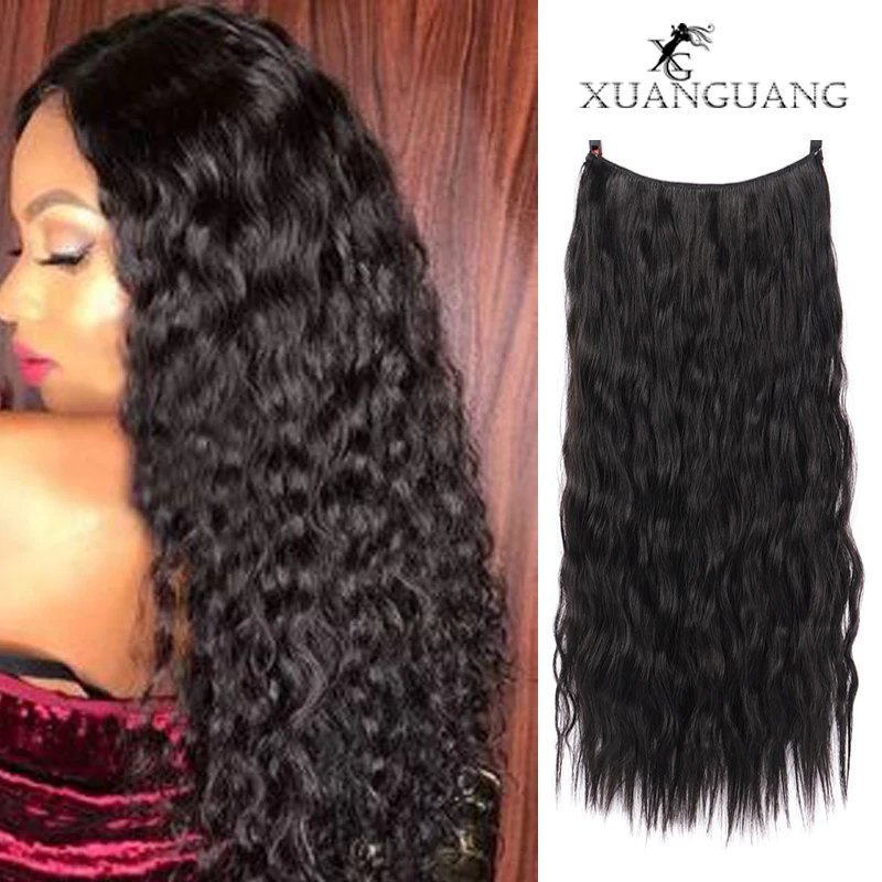 XUANGUANG Natural Synthetic Halo Hair Extensions No Clip In Artificial Fake Ombre Blonde Brown Black Red Wavy False Piece | Шиньоны и