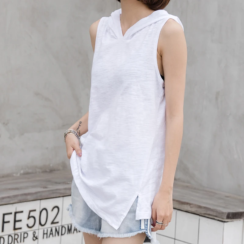 Женские футболки без рукавов с капюшоном длинные из бамбукового хлопка