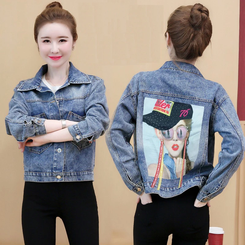 

Plus Size Denim Jacket Women 2020 Autumn Print Short Jeans Outwear Female Single Breasted Vintage Jeans Coats Veste Jean Femme