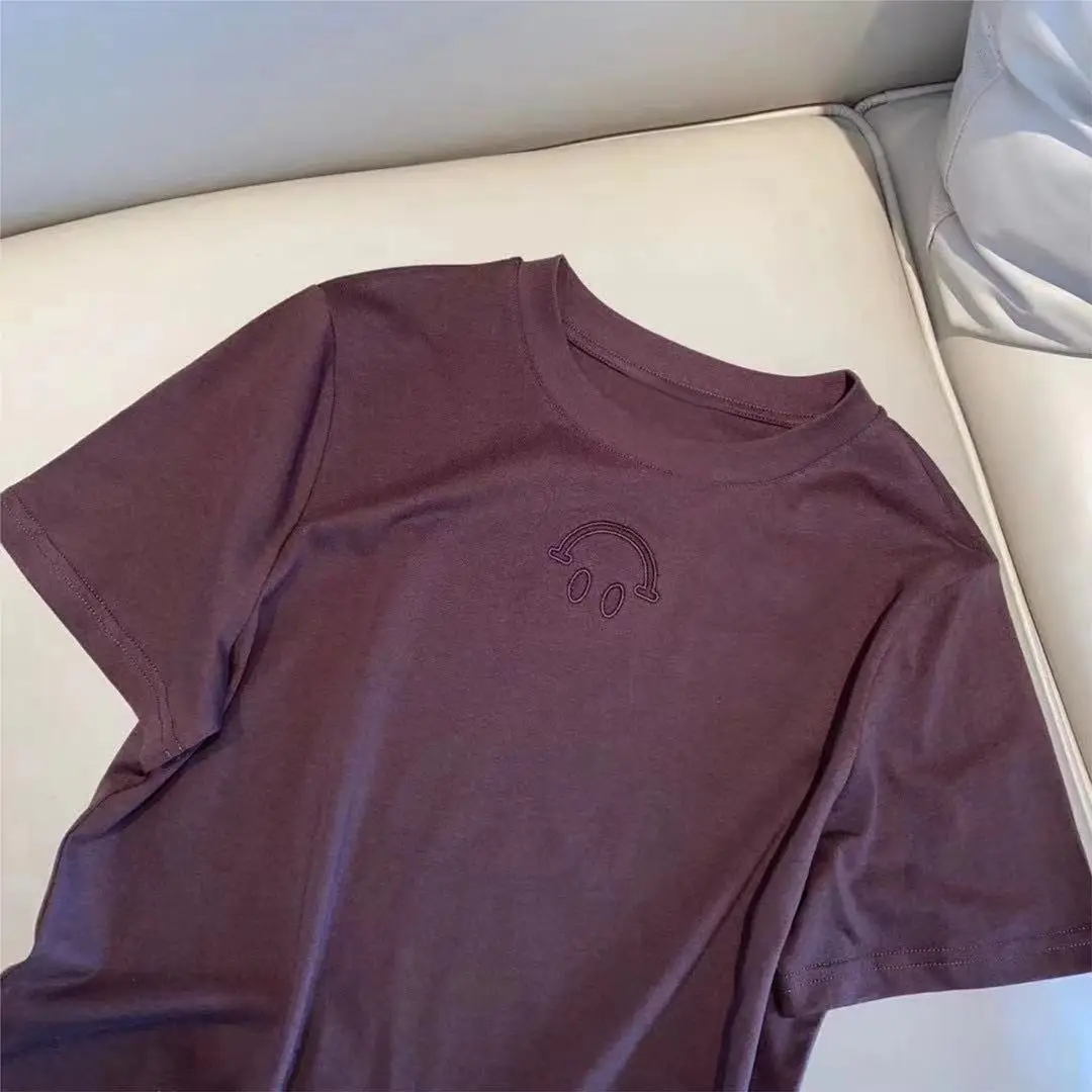 

2021 summer new short sleeve embroidered smiling face pure cotton leisure high quality print fashion trend European and American