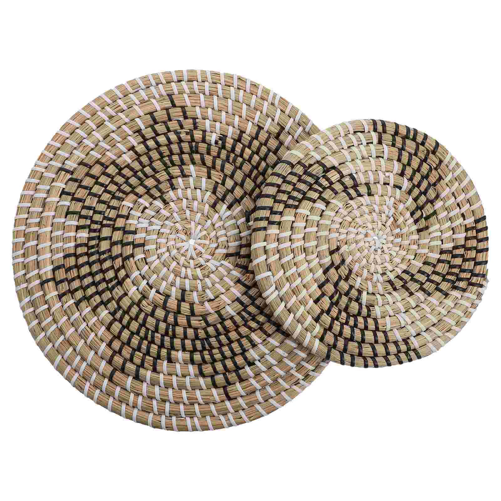 

2pcs Wall Decorative Pendant Set Grass Weave Geometric Pattern Disk Beige