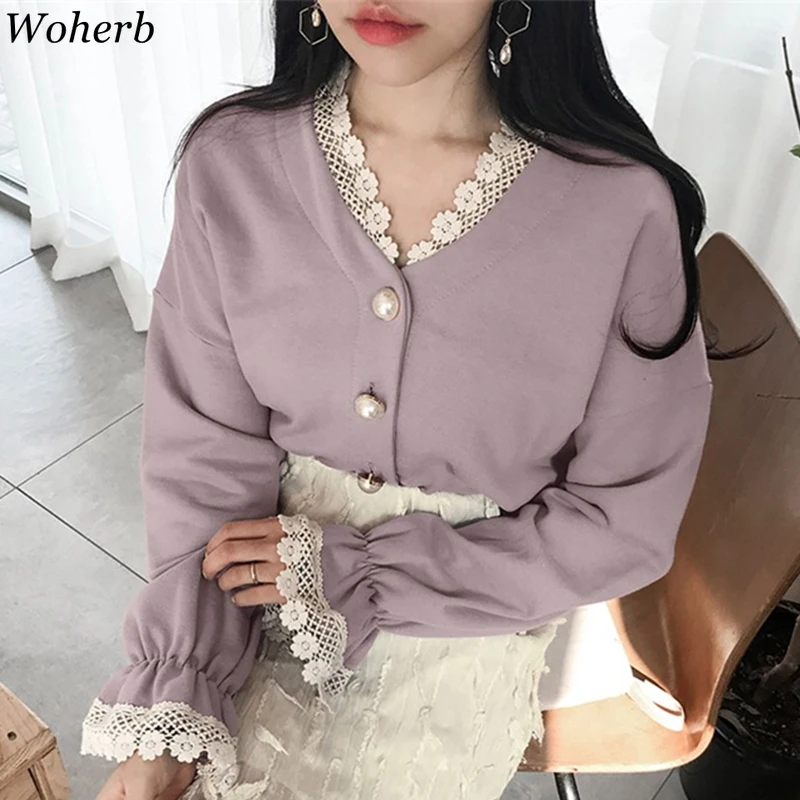 Женский кружевной кардиган Woherb с v образным вырезом милый жемчужинами и