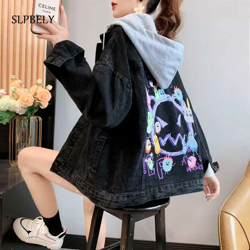 

SLPBELY Women Printed Denim Jacket feminine Spring Autumn Black Coat Long Sleeve Outerwear 2021 Fashion Female Femme Streetwear