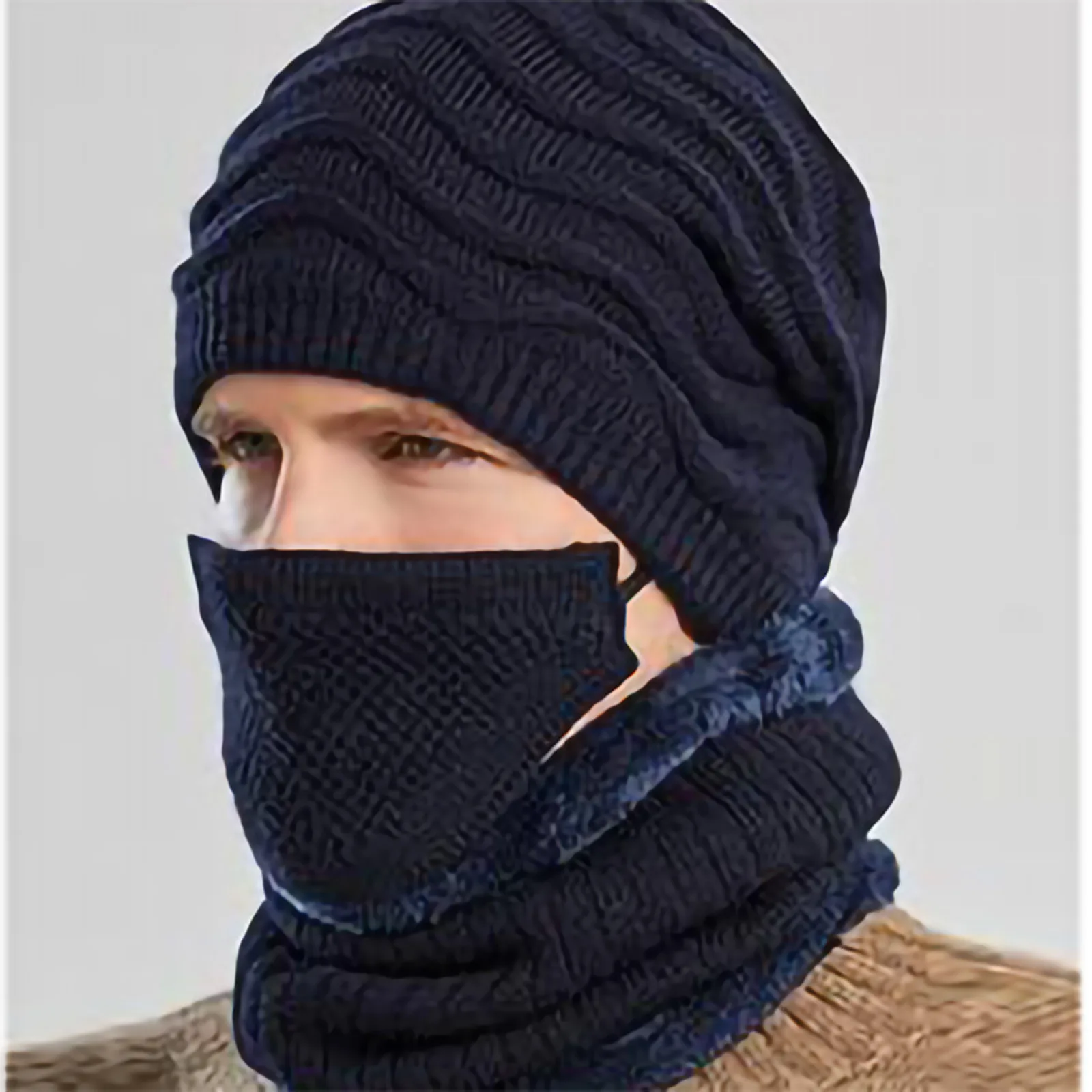 

Men Winter Windproof Scarf Pullover Hat Mask Set Winter Thick Knitted Hat Outdoor Warm Cycling Windproof Ear Mask Knitted Hat