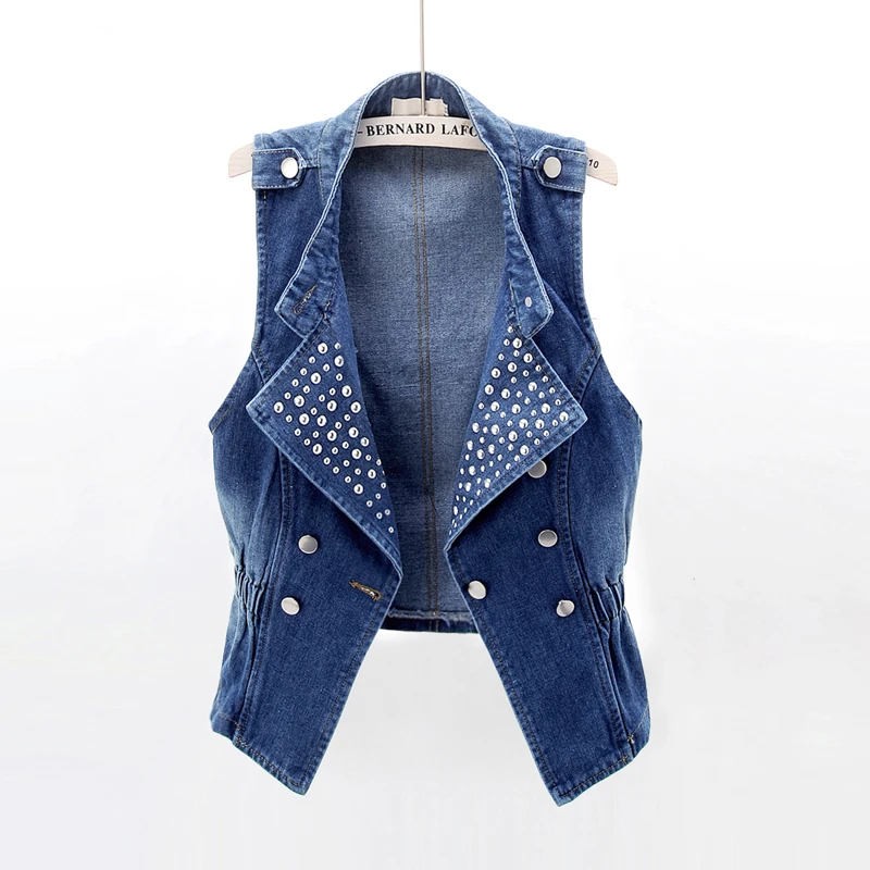 

Vintage Blue Denim Vest Women Casual Slim Sleeveless Jacket Rivets Denim Vest Femme locomotive Short Waistcoats Tide G247