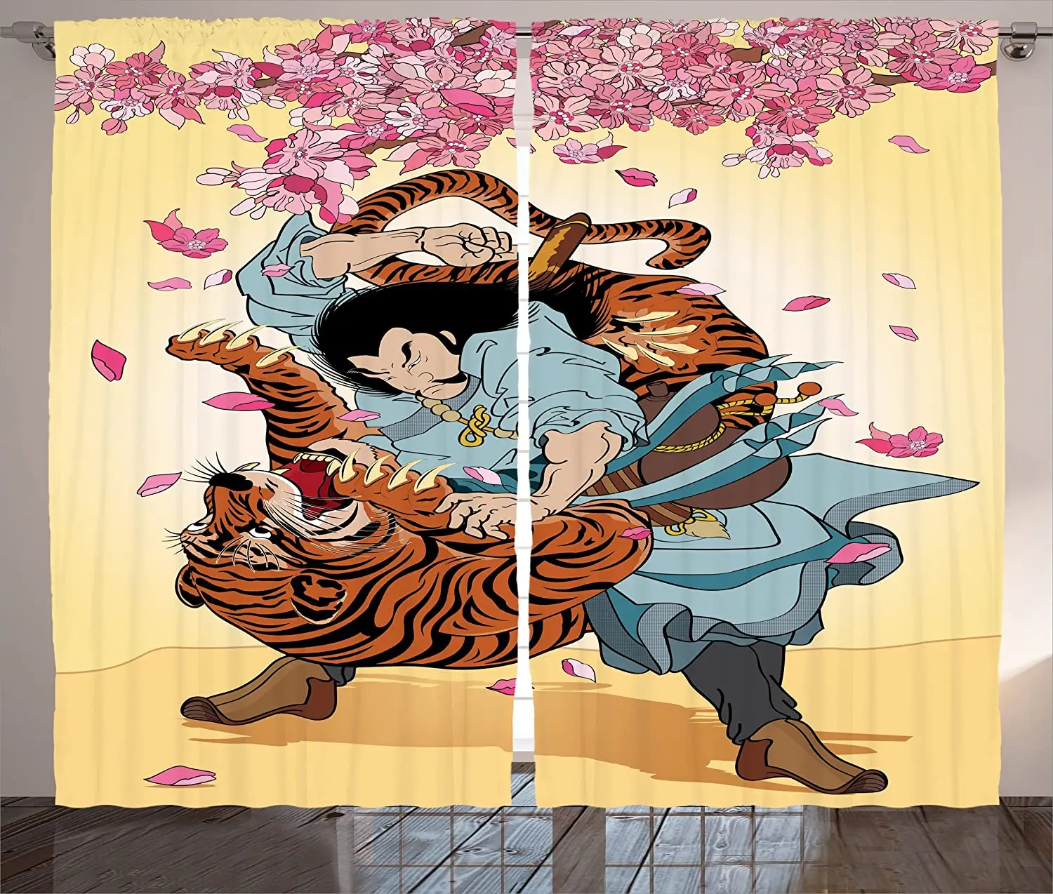 

Японские шторы отважный самурай и тигр столкновение превращаются в цветочные цветки сакуры, японской вишни Мультяшные шторы для гостиной