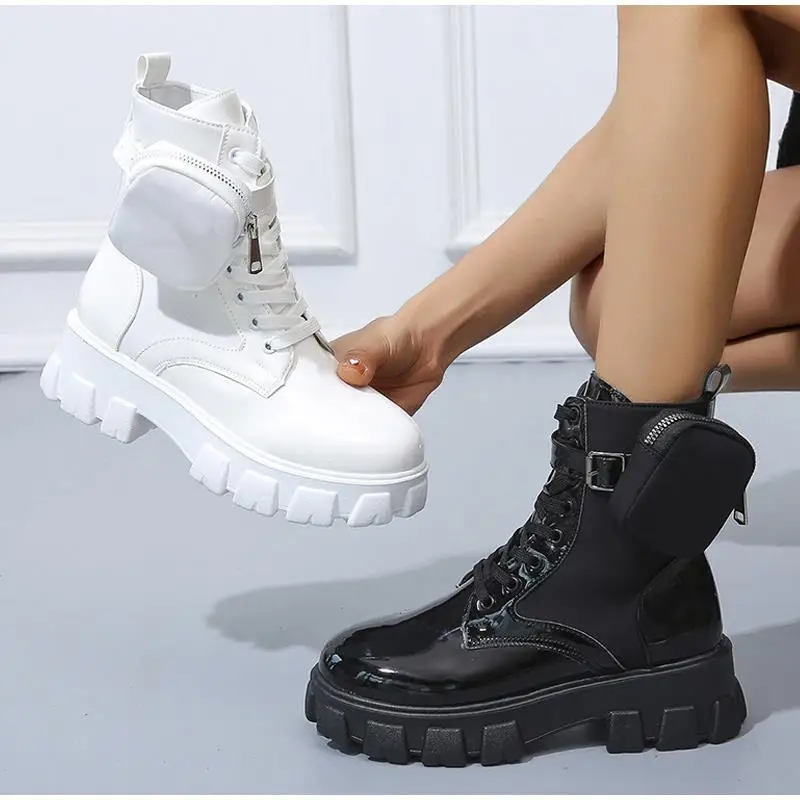 

Platform Women's Ankle Boots Lace Up Platform Belt Buckle Pocket Ladies Fashion Shoes Autumn Winter PU Leather Mid-calf Boot