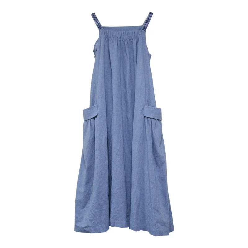 A2020 summer new suspender loose fashion casual style simple large pocket cotton and linen comfortable size long dres | Женская одежда