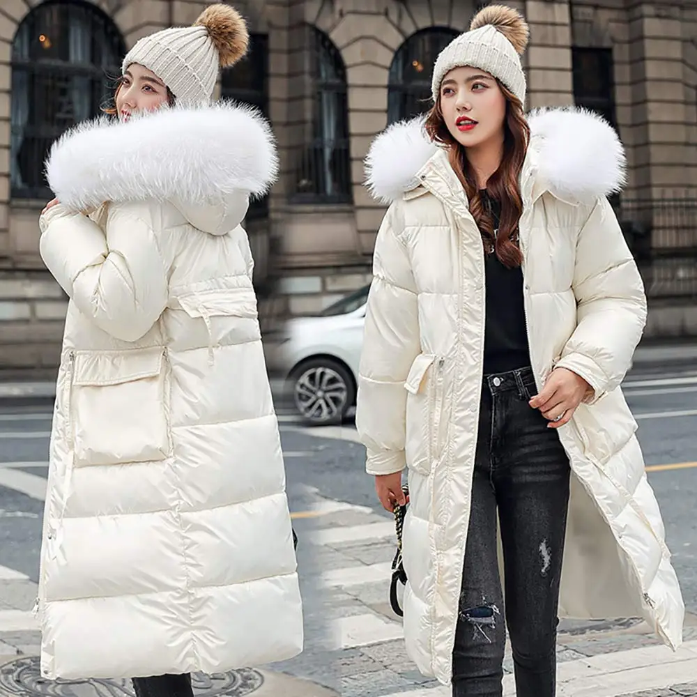 Vielleicht Winter Warm Glossy Parkas Women Fashion Fur Hooded Pockets Winter Coats Women Elegant Long Cotton Jackets Coat Female