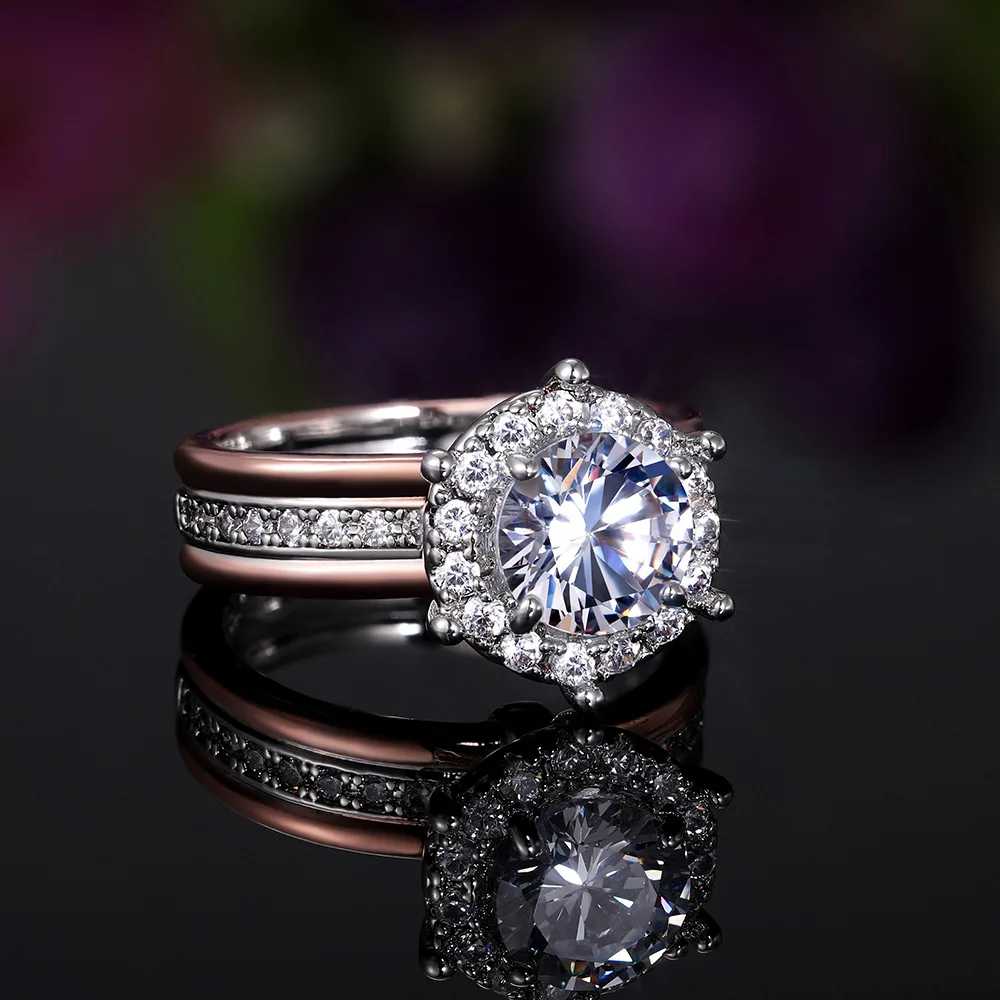 

Trendy Female White Round Zircon Ring Rose Gold Silver Color Wedding Rings For Women Luxury Zircon Stone Engagement Ring