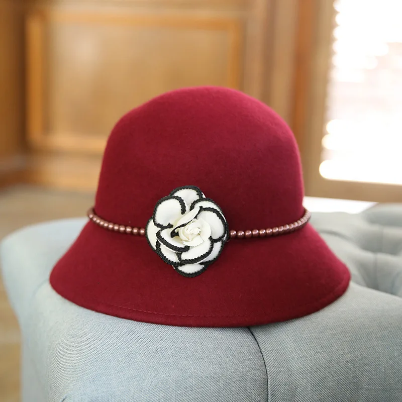 

Women Bonnet Fedora Hat Flower Hat Solid Wool Bowler Hat Female Flower Trilby Hat Felt Hats For Women Church Chapeau Femme Cap