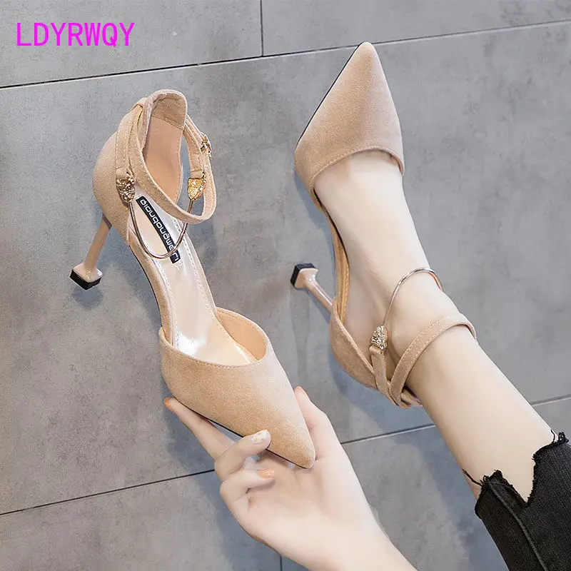 

2022 new women's shoes black high-heeled shoes female stiletto sexy one-word buckle pointed toe shoes