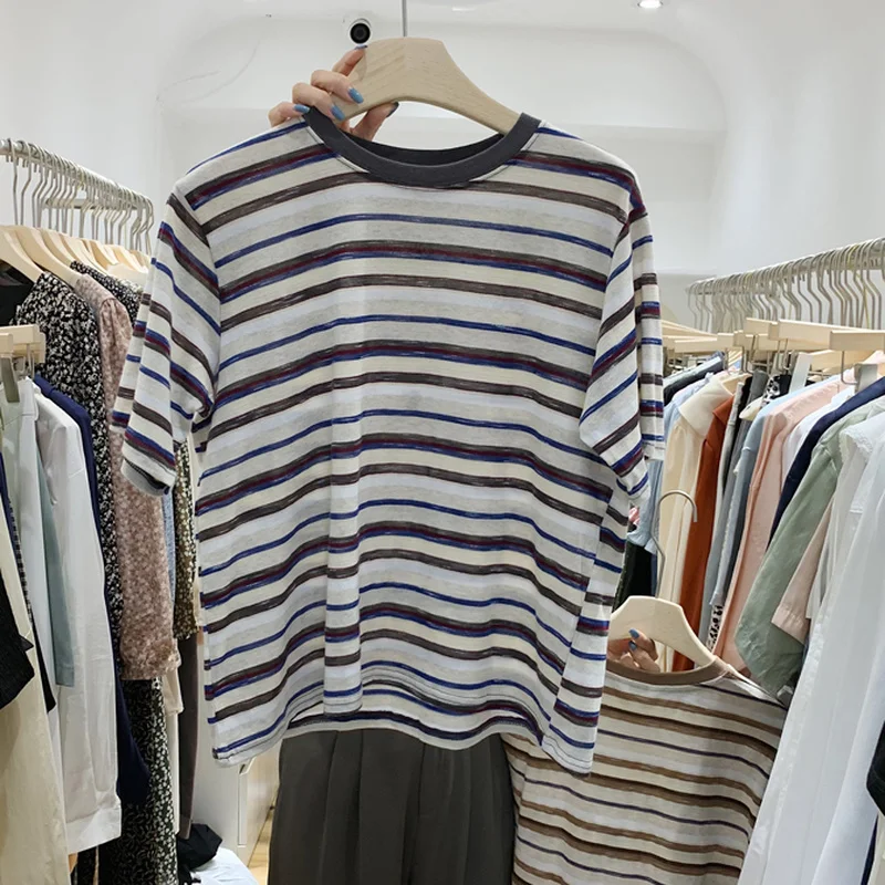 

Fsshion Contrast Color Striped Tshirts Woman Simple O-neck All-match T Shirt Summer Comfortable Ladies Short Sleeve Tops