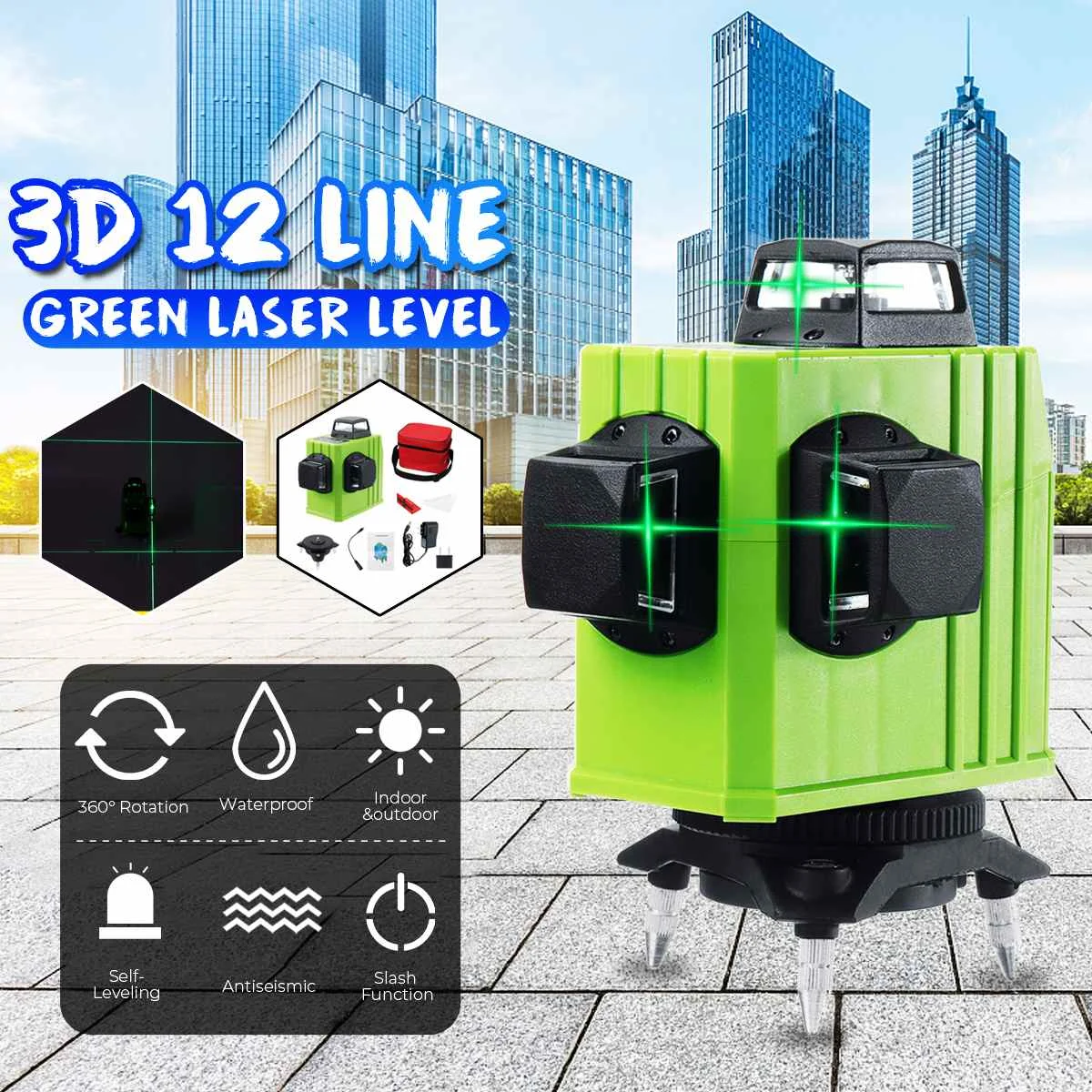

12 Lines Laser Levels 3D Self Leveling 360 Adjustable Horizontal Vertical Cross Waterproof Green Light Beam Measuring Tool