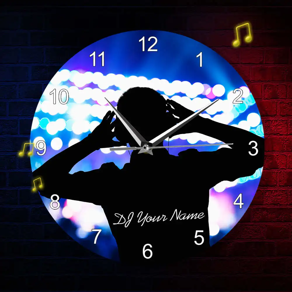 Персонализированные настенные акриловые часы DJ с принтом имени дискового