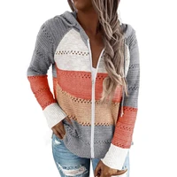european and american autumn new products color matching zipper hooded knitted sweater women fashion striped cardigan