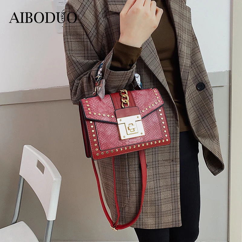 

AIBODUO Snake Skin Bag For Women 2020 New High Quality Rivet Silk Scarf Handbag Fashion Versatile Korean Dating Shoulder Bag