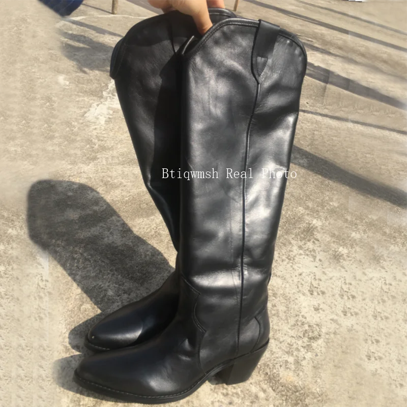 Женские ковбойские сапоги до колена из натуральной кожи с острым носком и