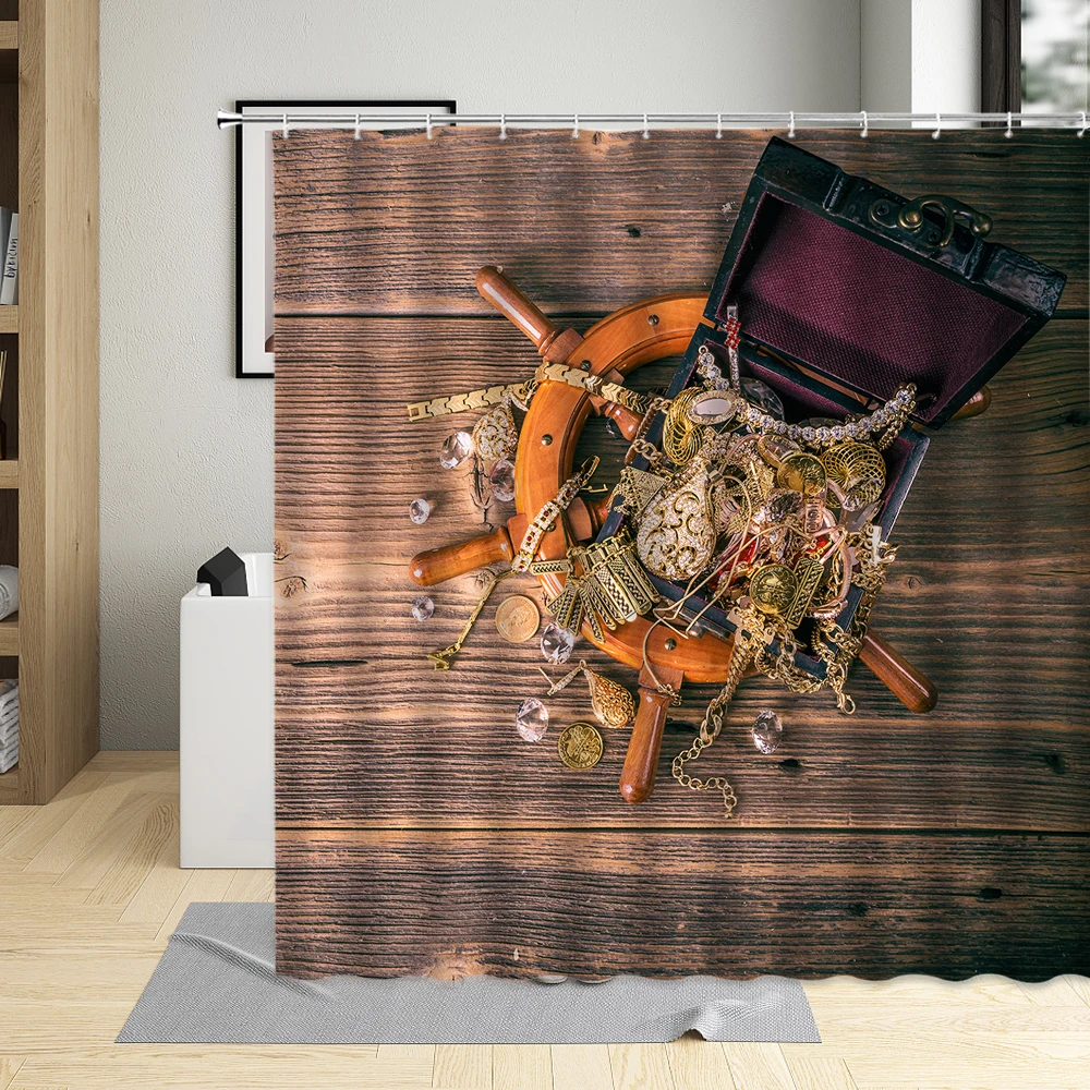 

Nautical Treasure Decor Shower Curtain Vintage Pirate Ship Rudder Print Bath Curtains Waterproof Fabric Bathtub Decor With Hooks