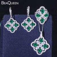 beaqueen newest fashion oval round green cubic zircon crystal ring earrings necklace silver color 3 pcs jewelry sets js129