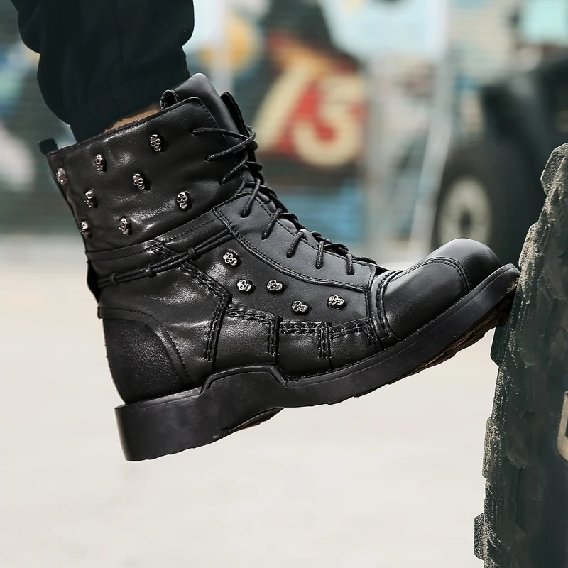 

Work boots Punk boots Men's Vintage & Unique Look Genuine Leather Ankle Motorcycle Military Combat Boots with Skull