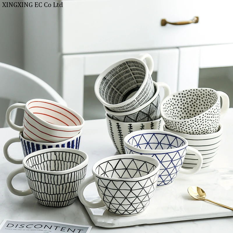 

Nordic Hand-painted Ceramic Mug Irregular 350mL Breakfast Cup Three-dimensional Geometric Pattern Simple Home Creative Tableware