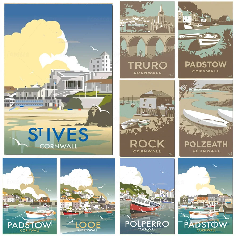

Retro Travel To United Kingdom Cornwall Canvas Painting Houseboat Lake Pictures Modular Posters Aesthetic Home Decoration Gift