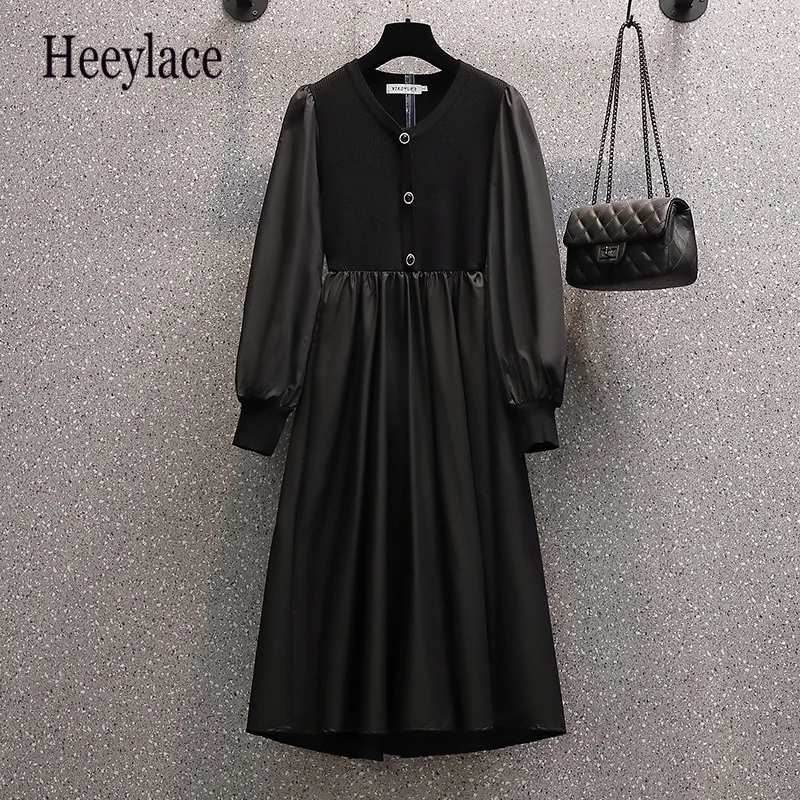 

Women Vintage Dress V-Neck Full sleeve Patchwork knitted Long Dress Female Elegant Black Party Dress Vestidos