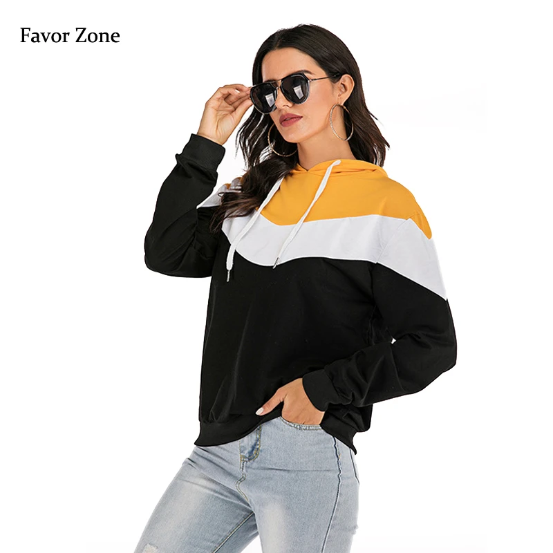Black White Yellow Patchwork Colors Women's Hoodies Autumn Winter Casual Long Sleeve Hooded Sweatshirt For Woman Pullover Tops | Женская