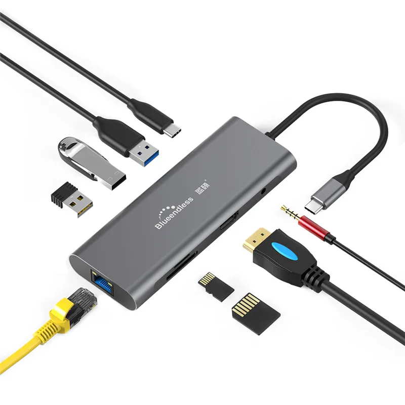 Док станция 9 в 1 для ноутбука USB 3 0 Type C HDMI совместимая с TF LAN PD хаб Macbook Huawei XiaoMi DELL