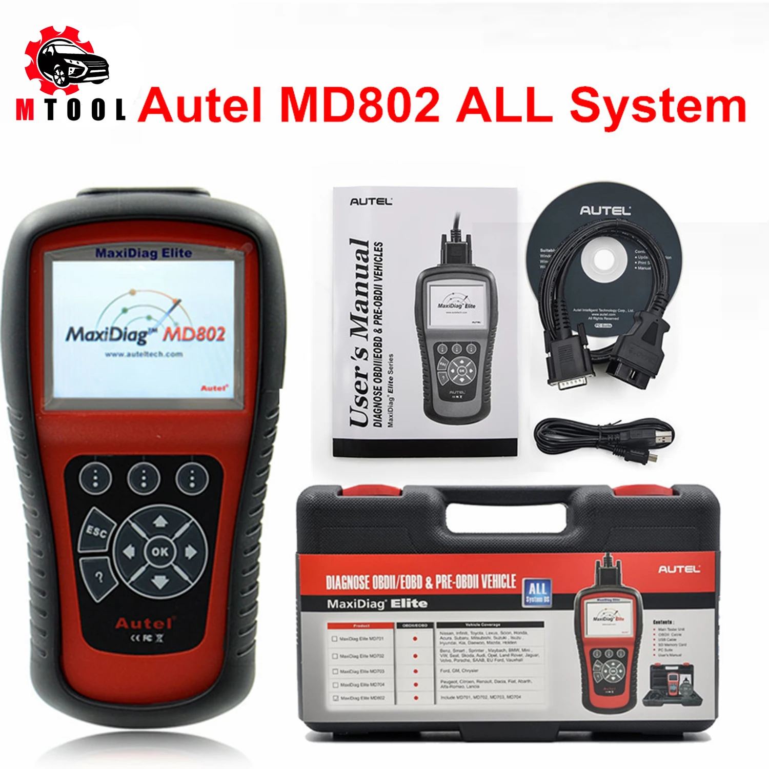 

AUTEL MaxiDiag Elite MD802 Diaglink OBD2 Scanner All System Car Diagnostic Tool OBD 2 Code Reader EPB Oil Reset PK MD805 CRP129