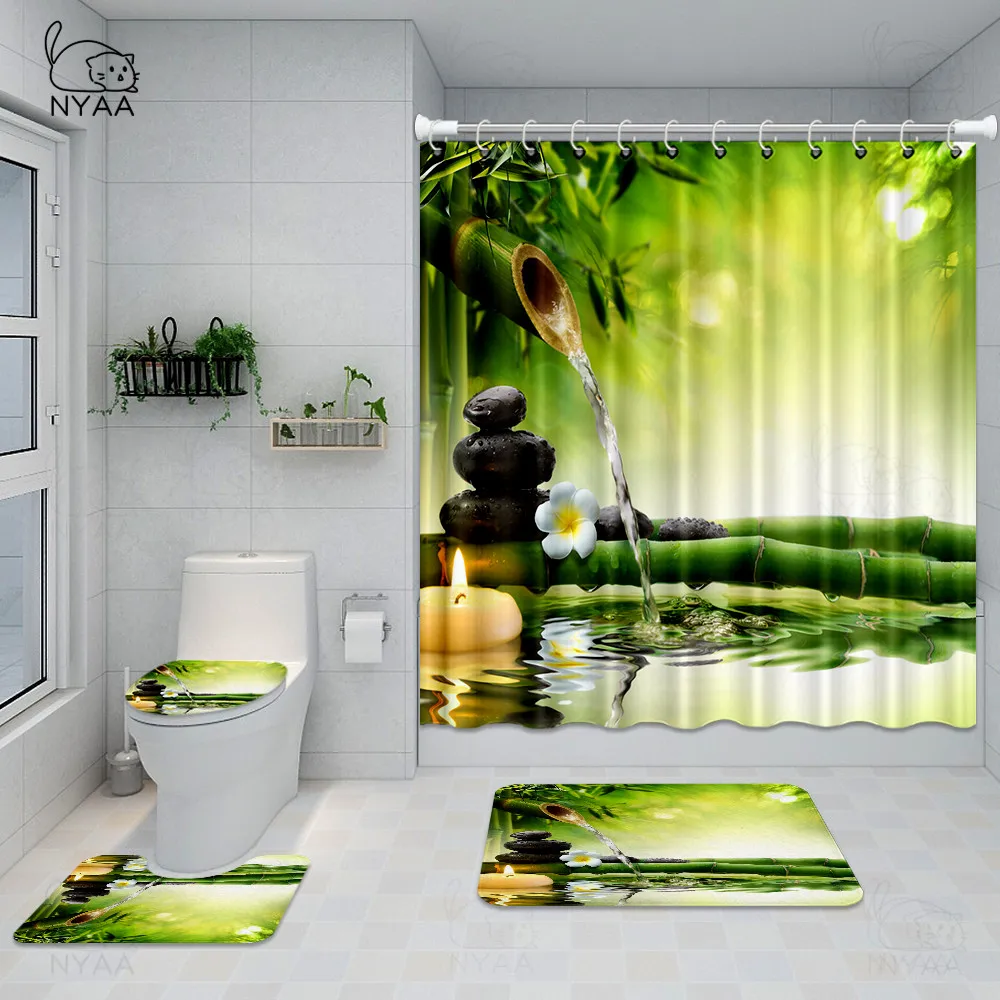 4Pcs/set Bamboo Landscape Bathroom Shower Curtains Durable Waterproof Bath Curtain Set Toilet Cover Mat Non-Slip Rug | Дом и сад