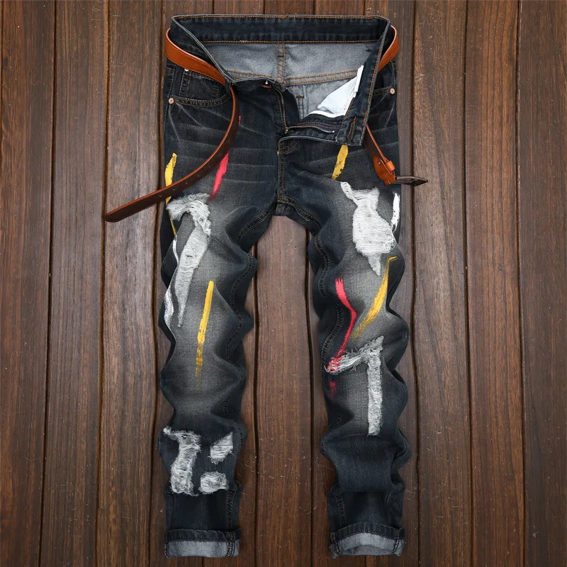 Graffiti Ripped Jeans Men's Straight Denim Pants Men Designer Jeans for Men Punk Clothes Hip Hop Jeans Retro Streetwear Jeans