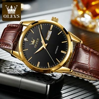 olevs casual sport machinery watches for men fashion golden black top brand luxury business leather automatic watch men clock