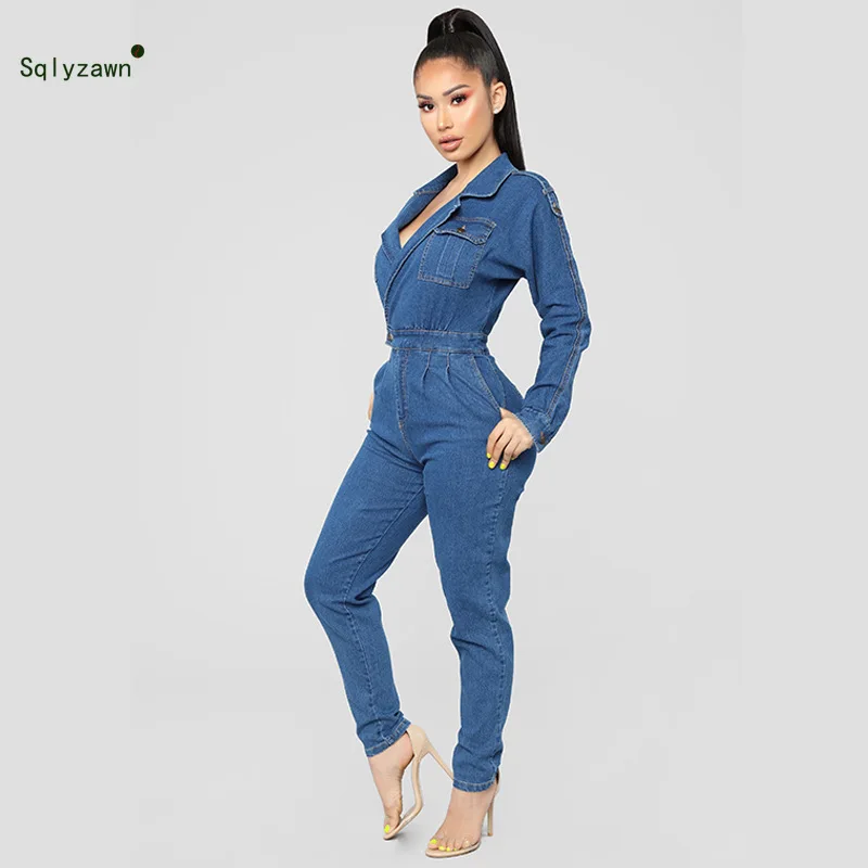 Женский джинсовый комбинезон на пуговицах синие комбинезоны с длинным рукавом и