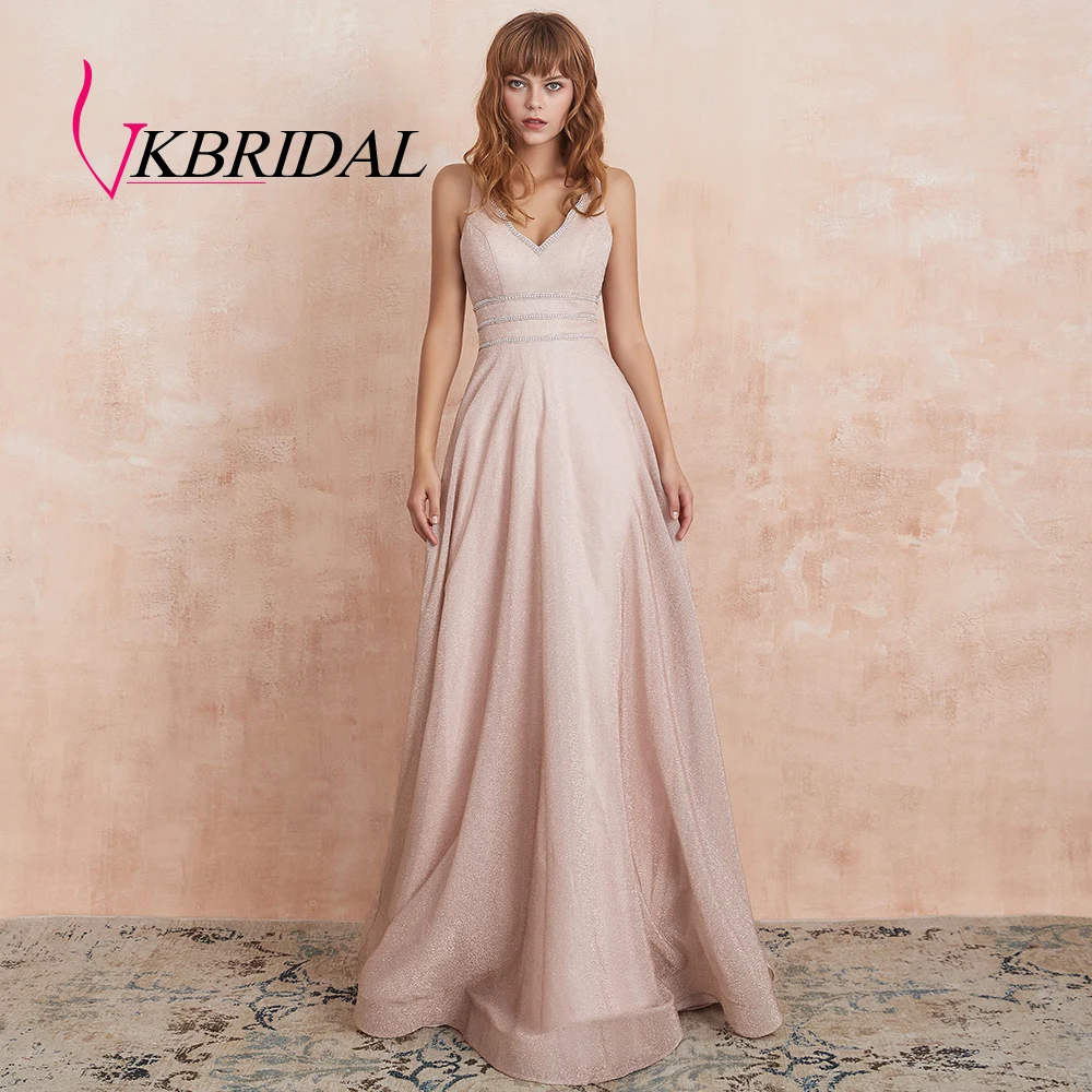 

VKbridal Sexy V-Neck Evening Dress 2019 A-Line Sparkle Homecoming Dress Long Lace up Prom Party Gowns with Crystal Real Picture