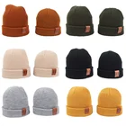 Детская вязаная шапка для мальчиков и девочек, осенне-зимняя теплая детская шапка, шапки для взрослых и детей, для новорожденных шапка с кожаной этикеткой