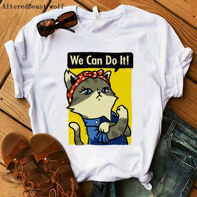 

Cat t shirt We can do it ! printed funny white tshirt New Fashion women T Shirt Harajuku Short Sleeve tops clothes Female vogue