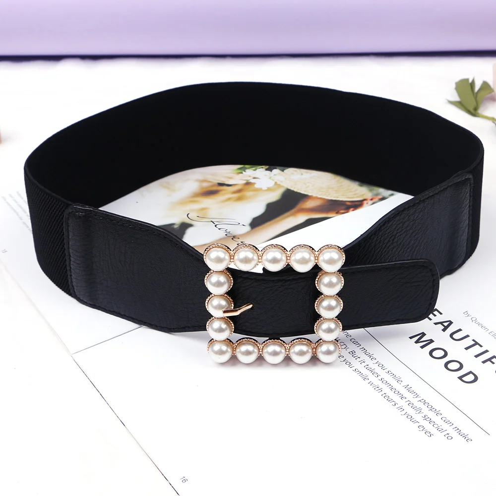 Pearl Gold Square Buckel Casual Rubber Black PU Leather Rubber Elasticity Stretch Retro Waistband Ornament Belt For Ladies