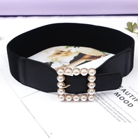 pearl gold square buckel casual rubber black pu leather rubber elasticity stretch retro waistband ornament belt for ladies