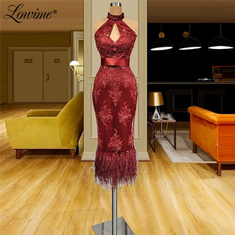 

Lowime Burgundy Tea Length Party Dress 2021 Custom Made Feathers Evening Gown Formal Lace Beading Saudi Arabic Prom Dresses Robe