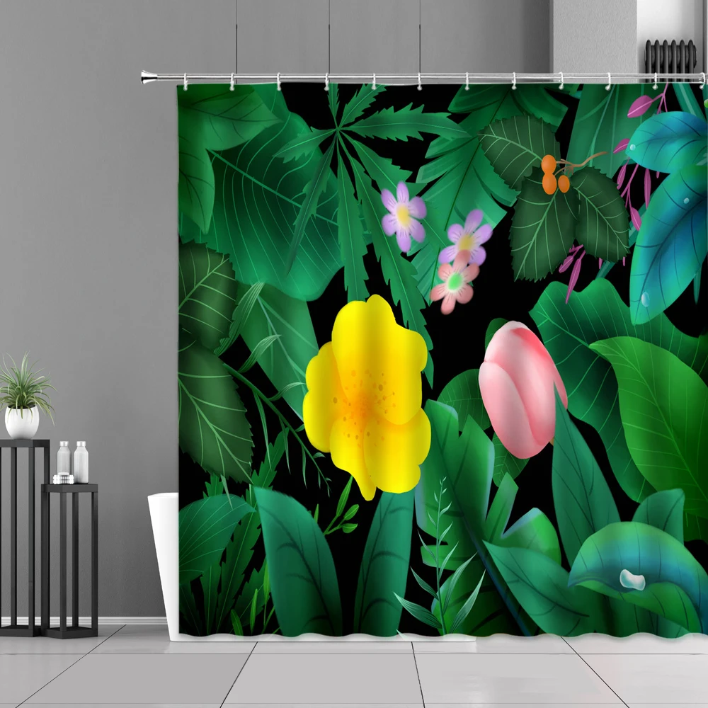 

Tropical Plants Flower Green Leaves Shower Curtains Colorful Floral Leaf Bathroom Curtain Waterproof Home Decor Screen Polyester
