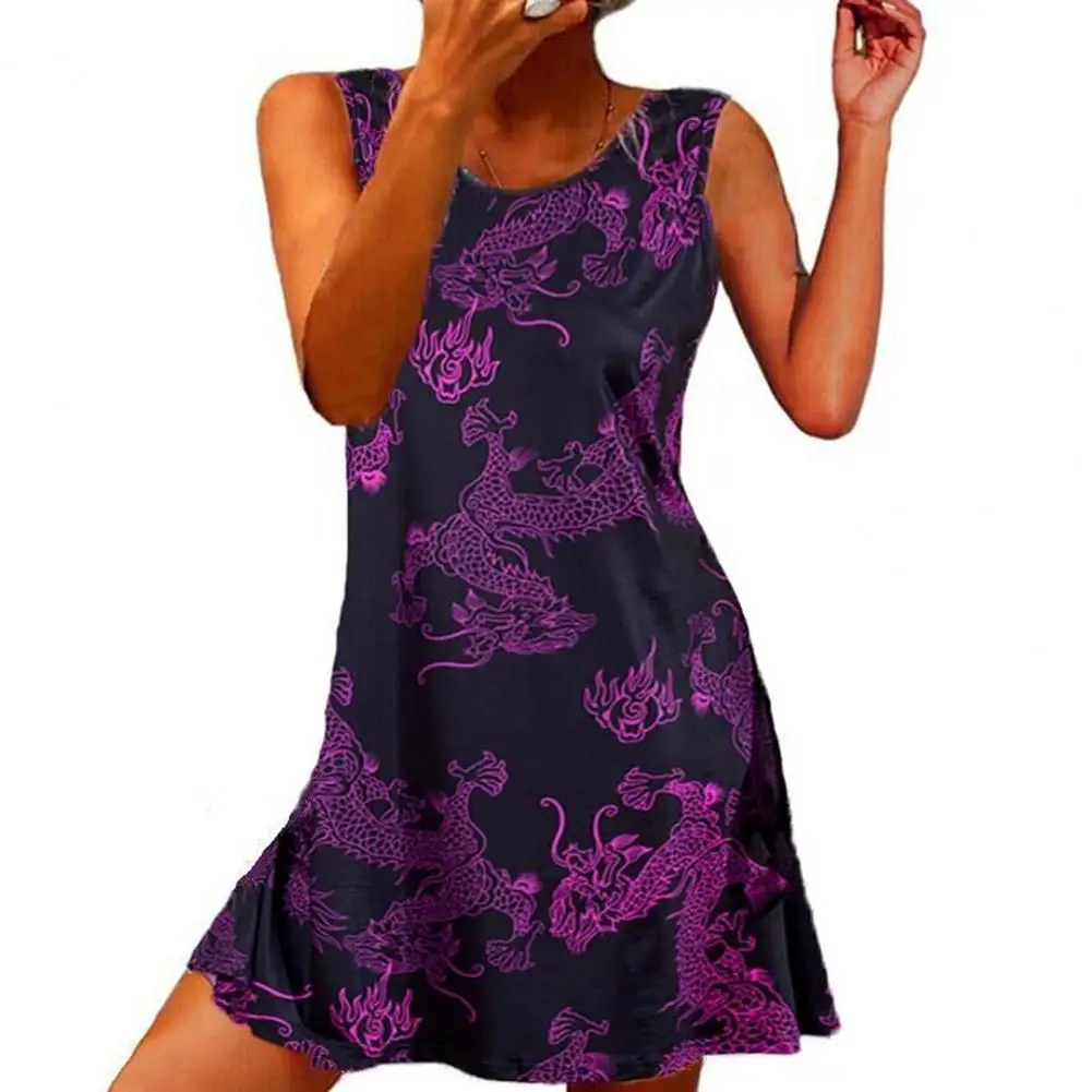 

Women Summer Dress Plus Size Comfortable Breathable Dragon Print Loose Women Round Neck Sleeveless Dress for Party