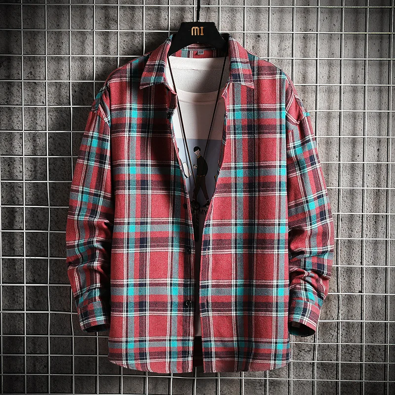 

Shirt Men 2021 New Streetwear Long Sleeve Plaid Shirt Loose Fashion Mens Shirts Casual Hawaiian Shirt