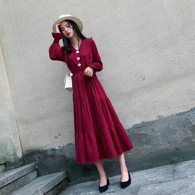 

New Fashion 2020 Autumn Winter Women Long Solid Dress Fashion Long Sleeve V Neck Elegant Causal Ladies Loose Dresses E88