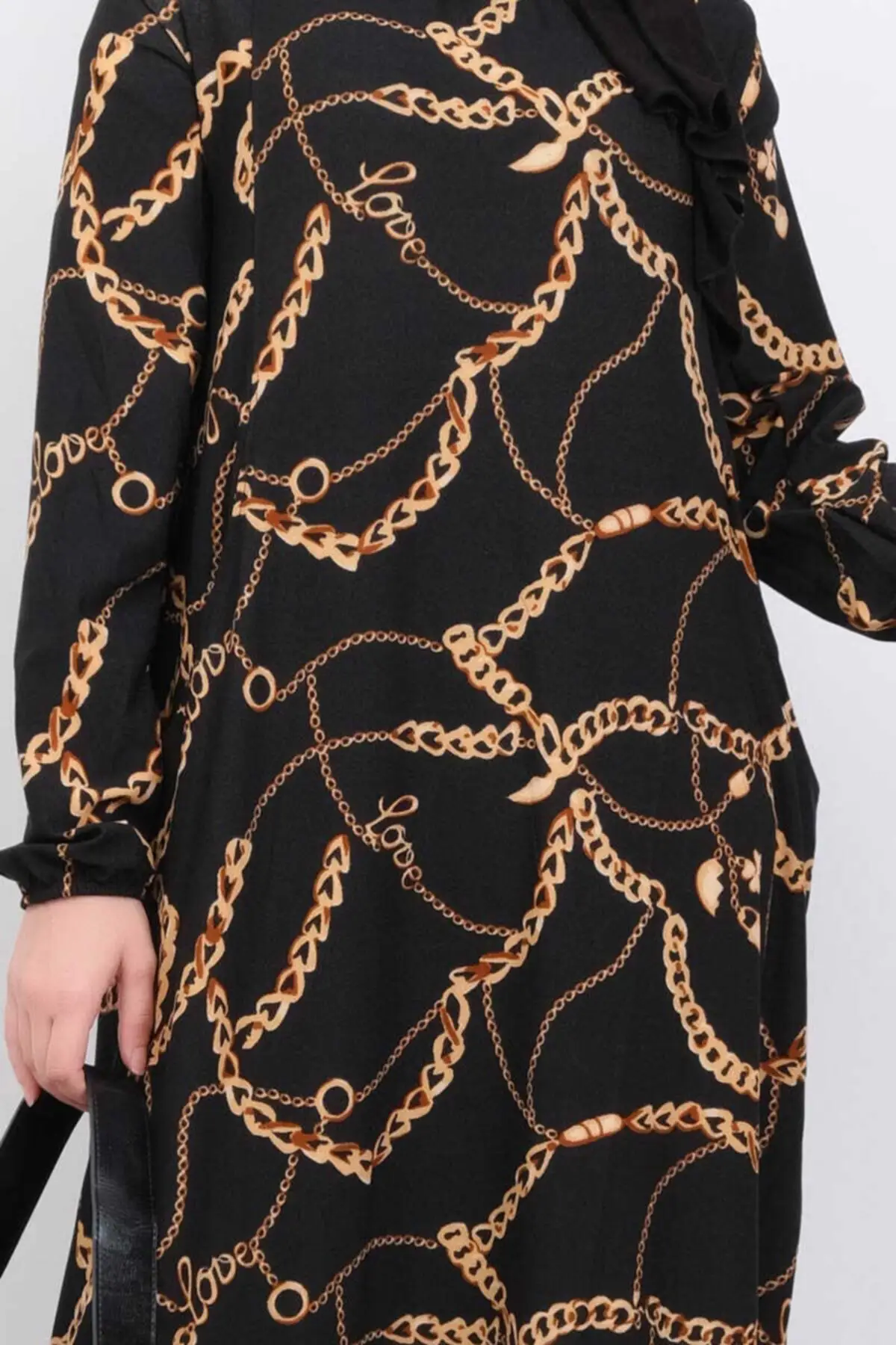 

Turkish Robe Islamic Clothing Fashion Muslim Outfits Long Sleeve Long Dress Lace Big Veil Caftan Black Chain Patterned Dress
